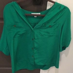 Green button down silk top